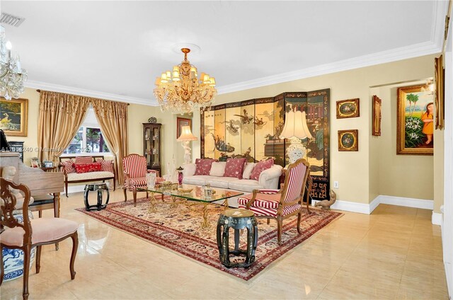 1407 San Marco Ave, Coral Gables, FL 33134 - living area featuring a notable chandelier, baseboards, light tile patterned floors, crown molding, and visible vents