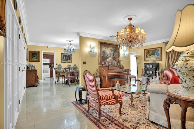 interior space with an inviting chandelier and crown molding