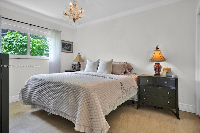 tiled bedroom with a chandelier and crown molding