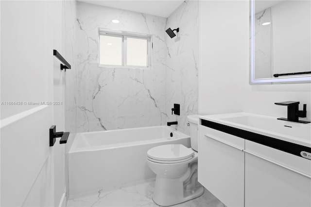 full bathroom featuring tiled shower / bath combo, vanity, and toilet