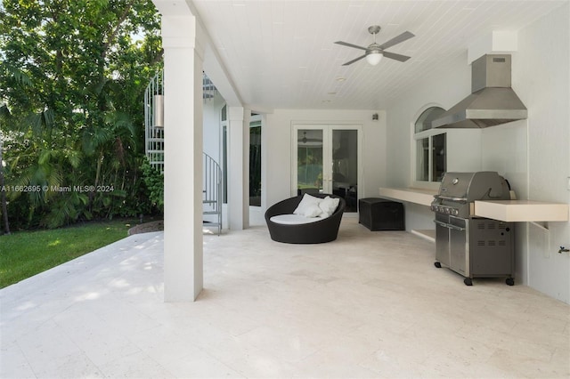 view of patio / terrace featuring an outdoor living space, a grill, and ceiling fan