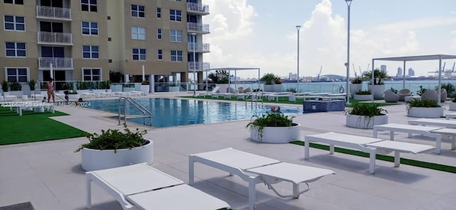 view of swimming pool with a patio area