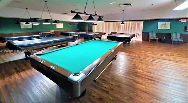 rec room with dark wood-type flooring and billiards