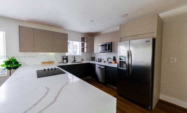 kitchen featuring sink, tasteful backsplash, stainless steel appliances, light stone countertops, and dark hardwood / wood-style flooring