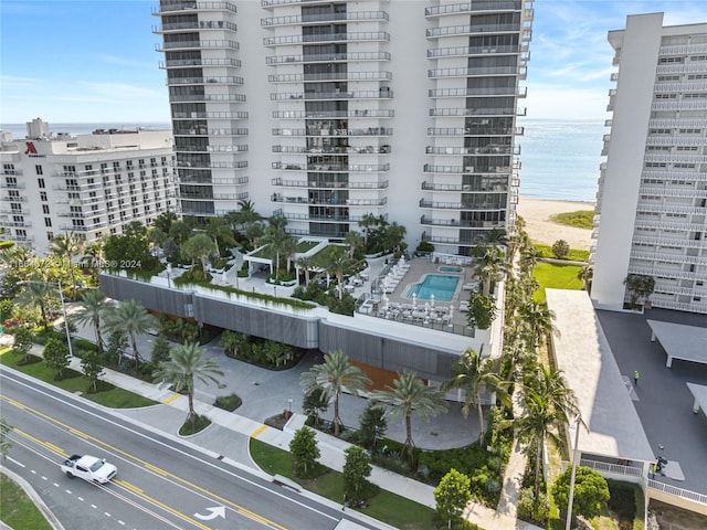 view of building exterior featuring a water view