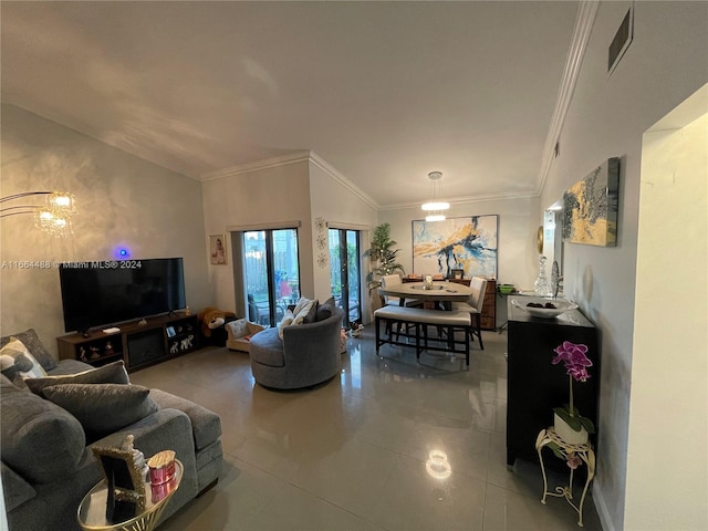 living room with lofted ceiling and ornamental molding