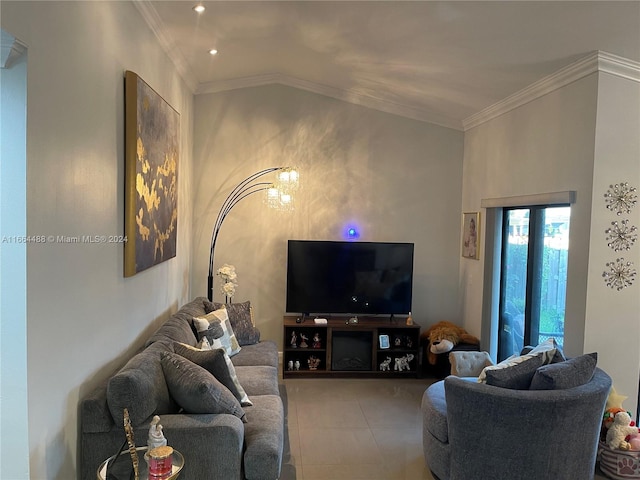 tiled living room featuring crown molding and lofted ceiling