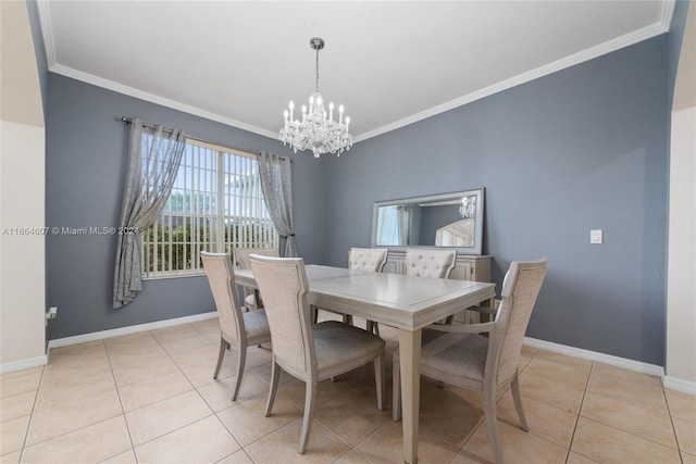 tiled dining room with crown molding and a chandelier