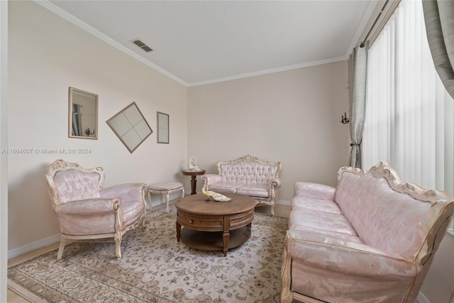 living room with ornamental molding