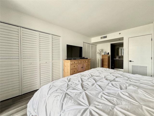 bedroom with wood-type flooring and a closet