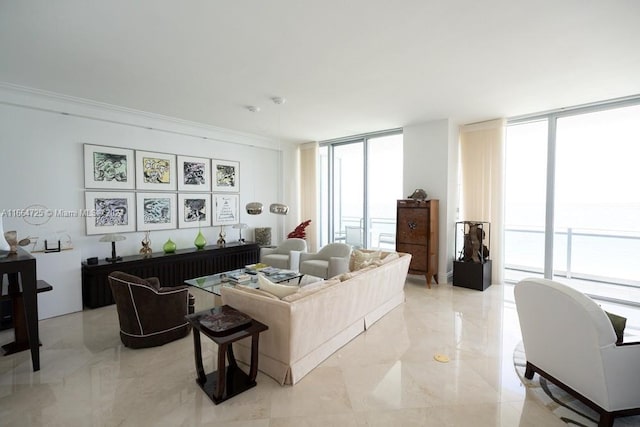 living room featuring crown molding and a wall of windows