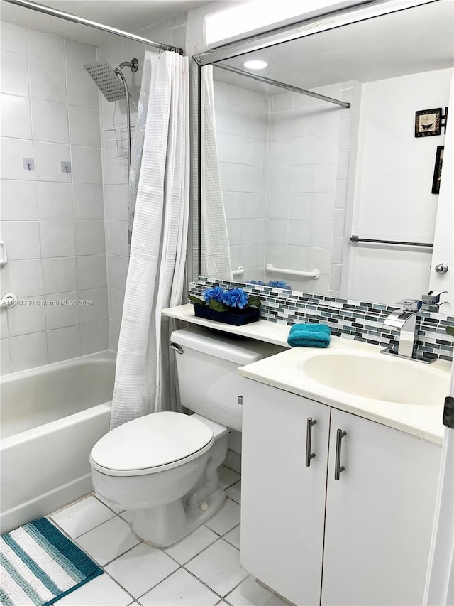 full bathroom featuring vanity, toilet, tasteful backsplash, shower / bathtub combination with curtain, and tile patterned flooring