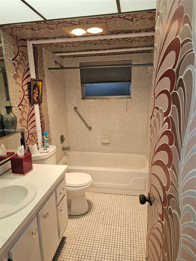 full bathroom with shower / tub combo, vanity, toilet, and tile patterned floors