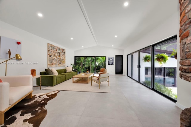 living room with french doors and lofted ceiling