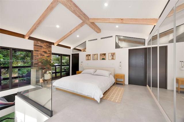 bedroom with vaulted ceiling with beams