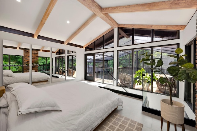 bedroom with access to outside and lofted ceiling with beams