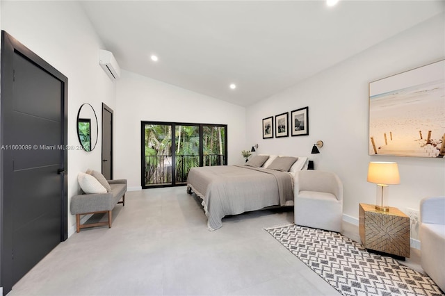 bedroom with vaulted ceiling, a wall unit AC, and access to exterior