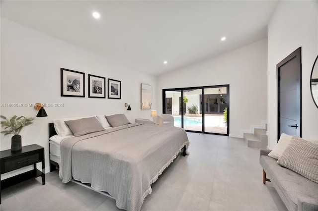 bedroom featuring access to outside and vaulted ceiling