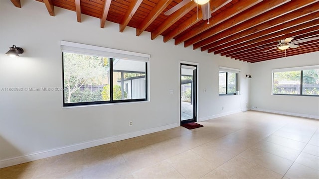 tiled spare room with vaulted ceiling with beams, ceiling fan, and wooden ceiling