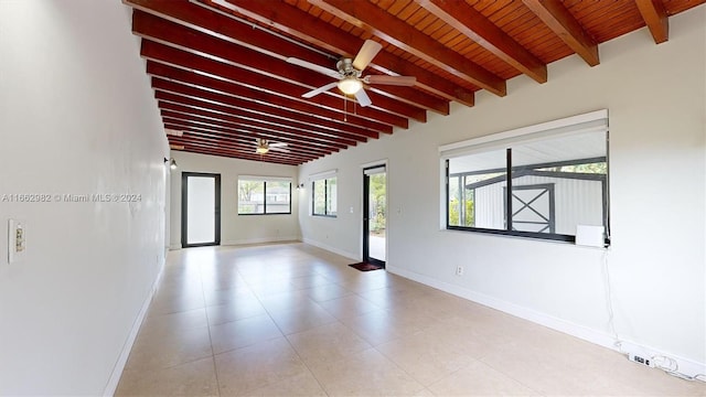 spare room with wood ceiling, vaulted ceiling with beams, and ceiling fan