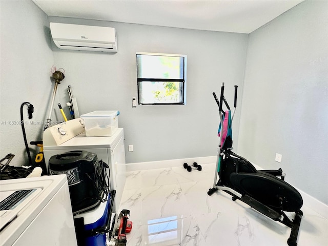 interior space with a wall mounted air conditioner and independent washer and dryer