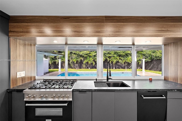 kitchen featuring gray cabinets, high end stove, and sink