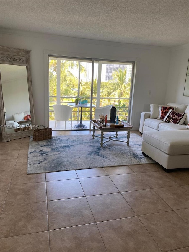 living room featuring a textured ceiling and tile patterned flooring