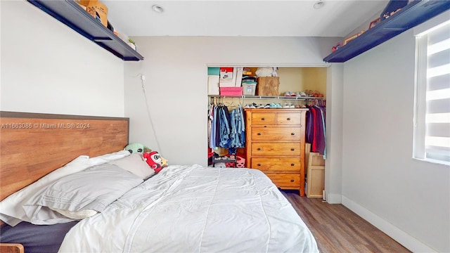 bedroom featuring wood-type flooring and a closet