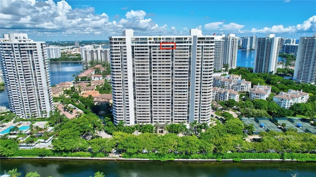 drone / aerial view with a water view