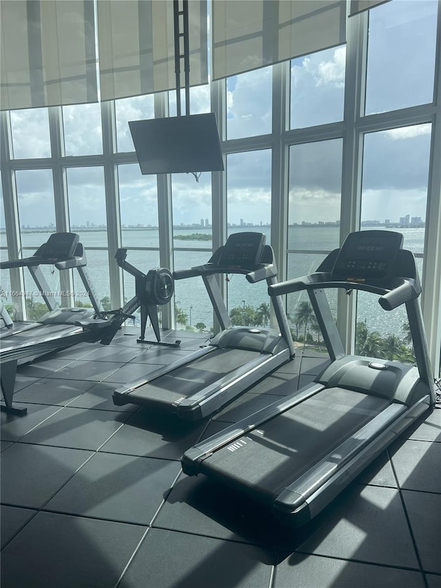 workout area featuring a water view, a wall of windows, and plenty of natural light