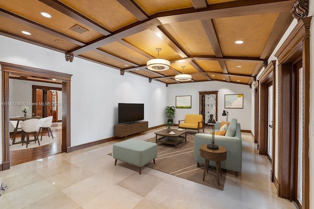 living area featuring baseboards, visible vents, coffered ceiling, beam ceiling, and recessed lighting