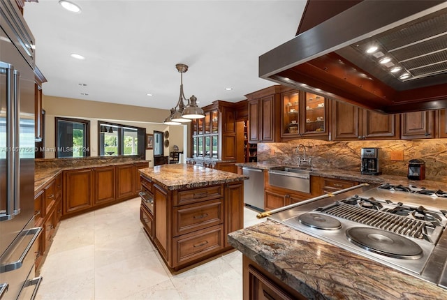 kitchen with a sink, stainless steel dishwasher, decorative backsplash, wall chimney exhaust hood, and glass insert cabinets