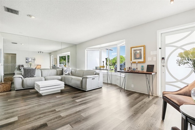 living room featuring a textured ceiling and hardwood / wood-style floors