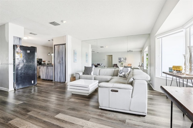 living room with a textured ceiling and dark hardwood / wood-style floors