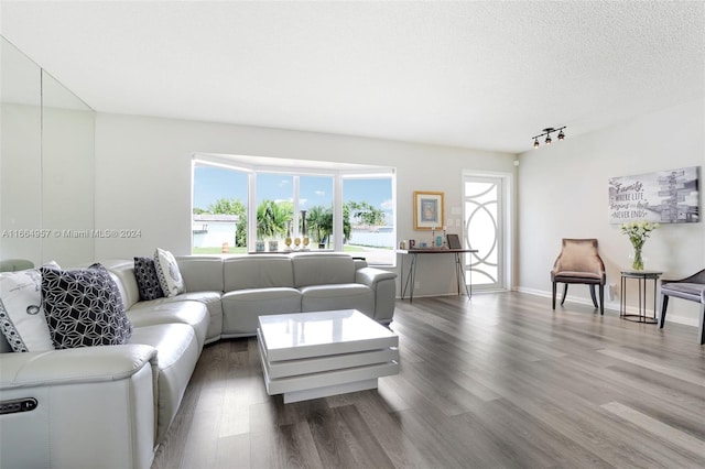 living room featuring a textured ceiling and dark wood-type flooring