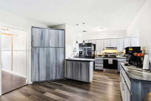 kitchen with pendant lighting, dark hardwood / wood-style floors, electric range, and black fridge