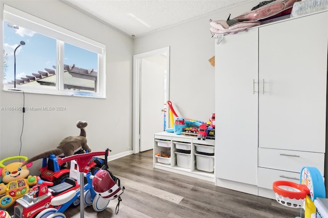 playroom with a textured ceiling and hardwood / wood-style floors