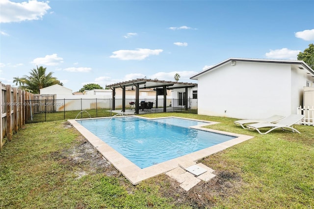 view of pool featuring a lawn and a pergola