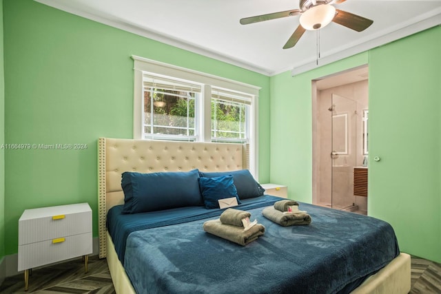 bedroom featuring ornamental molding, dark parquet floors, and ceiling fan