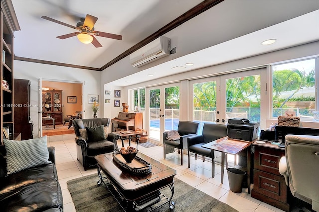 living room with french doors, a wall unit AC, light tile patterned floors, and ceiling fan