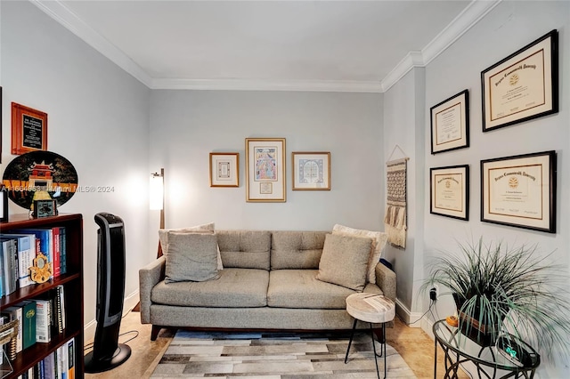 living room with ornamental molding