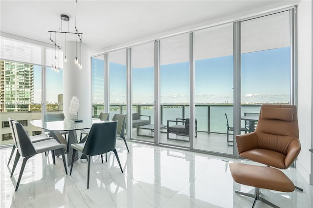 dining area featuring a wall of windows, a healthy amount of sunlight, and a water view