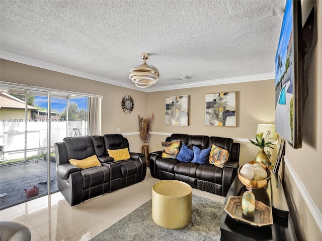 living room featuring light tile patterned flooring, crown molding, and a textured ceiling