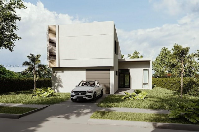 contemporary home featuring a garage and a front lawn