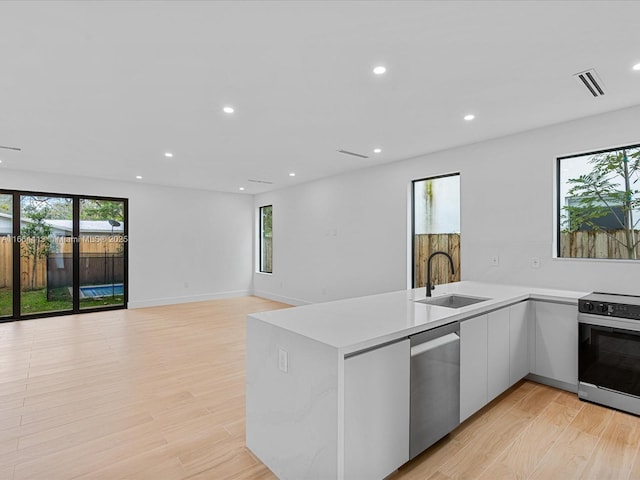 kitchen with light countertops, electric range oven, stainless steel dishwasher, light wood-style floors, and a sink