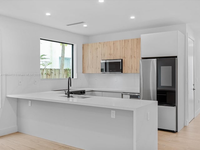 kitchen with light wood finished floors, light countertops, appliances with stainless steel finishes, a sink, and modern cabinets