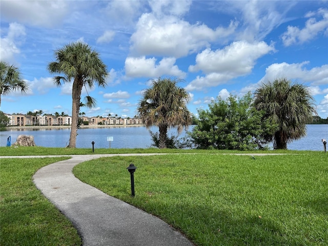 view of property's community featuring a water view and a yard