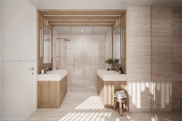 bathroom with vanity and tiled shower