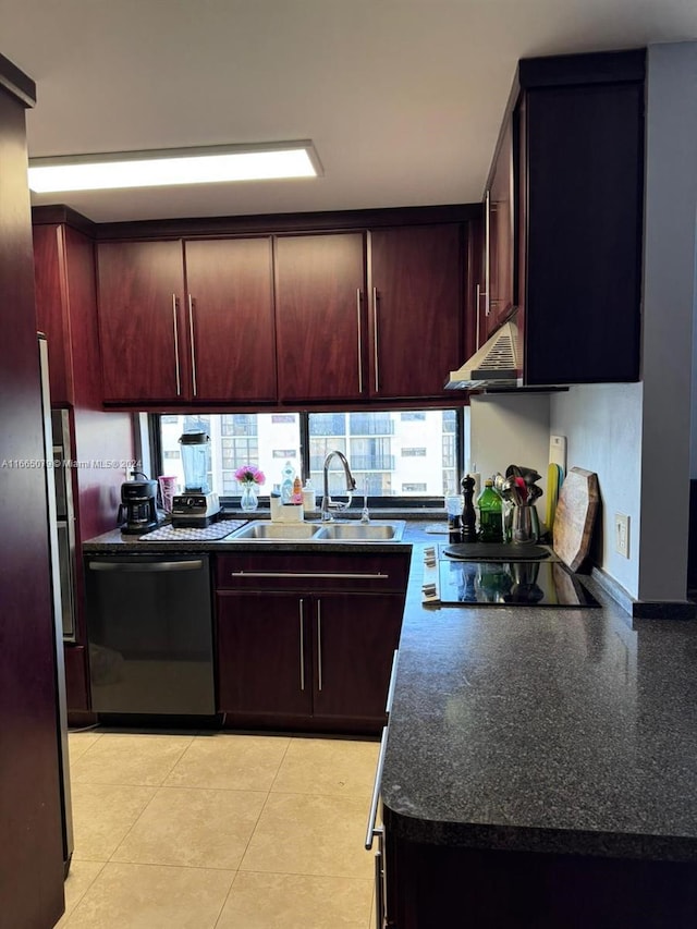 kitchen with black electric cooktop, dishwasher, light tile patterned floors, range hood, and sink