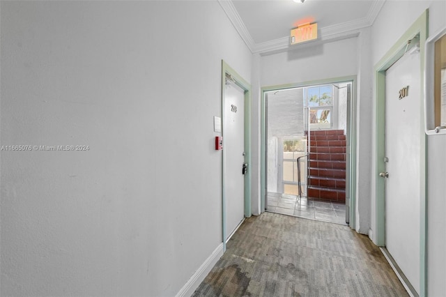 corridor featuring hardwood / wood-style flooring and ornamental molding